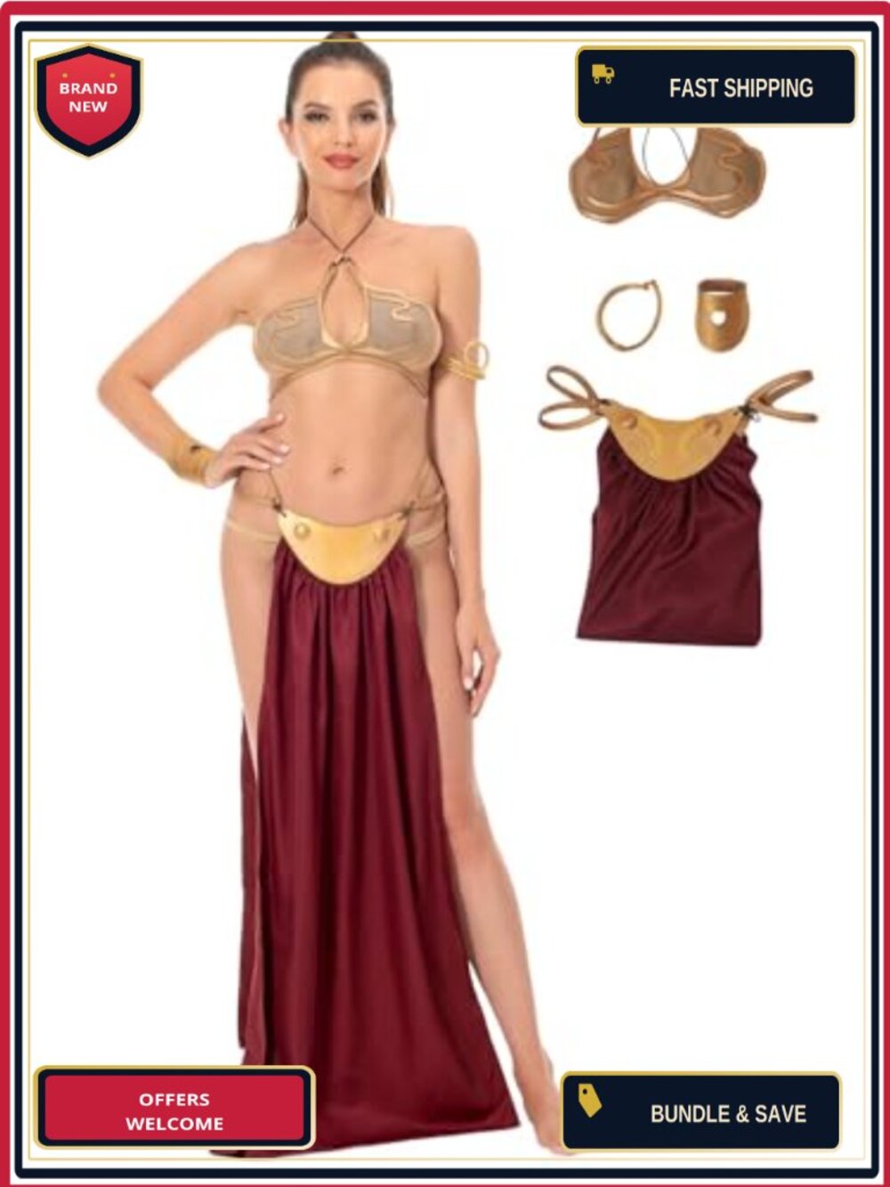Faux Leather Princess Slave Costume Bikini Set Cosplay Halloween